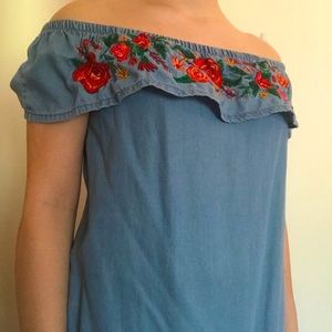 Off the shoulder blue dress with flowers